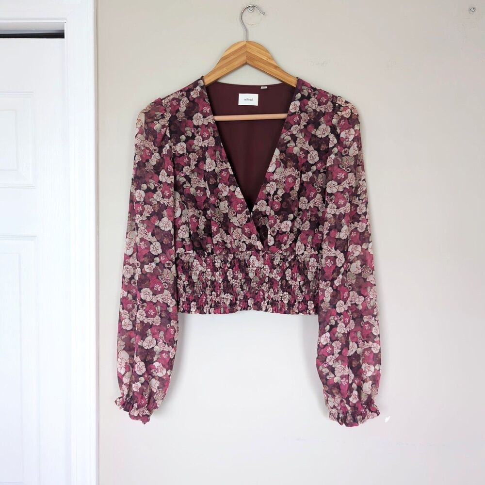 Wilfred Floral Wistful Smocked V Neck Ruffled Chiffon Blouse Medium Romantic